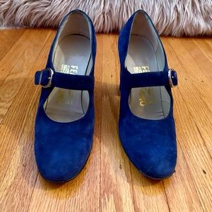 Vintage Salvatore Ferragamo Blue Suede Mary Janes